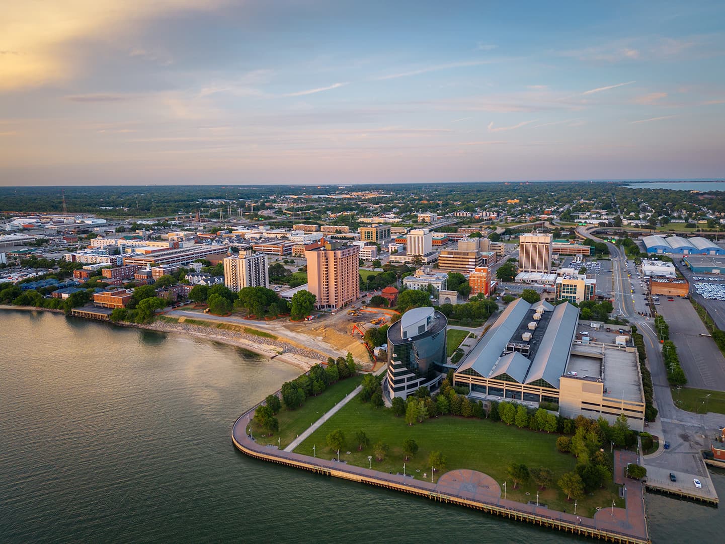 Aerial view of downtown Newport News Virginia waterfront at sunset