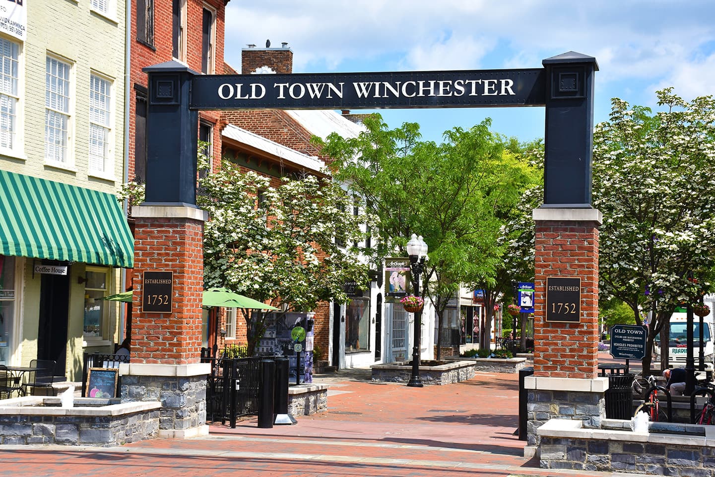 Old Town Winchester Virginia pedestrian mall entrance arch established 1752